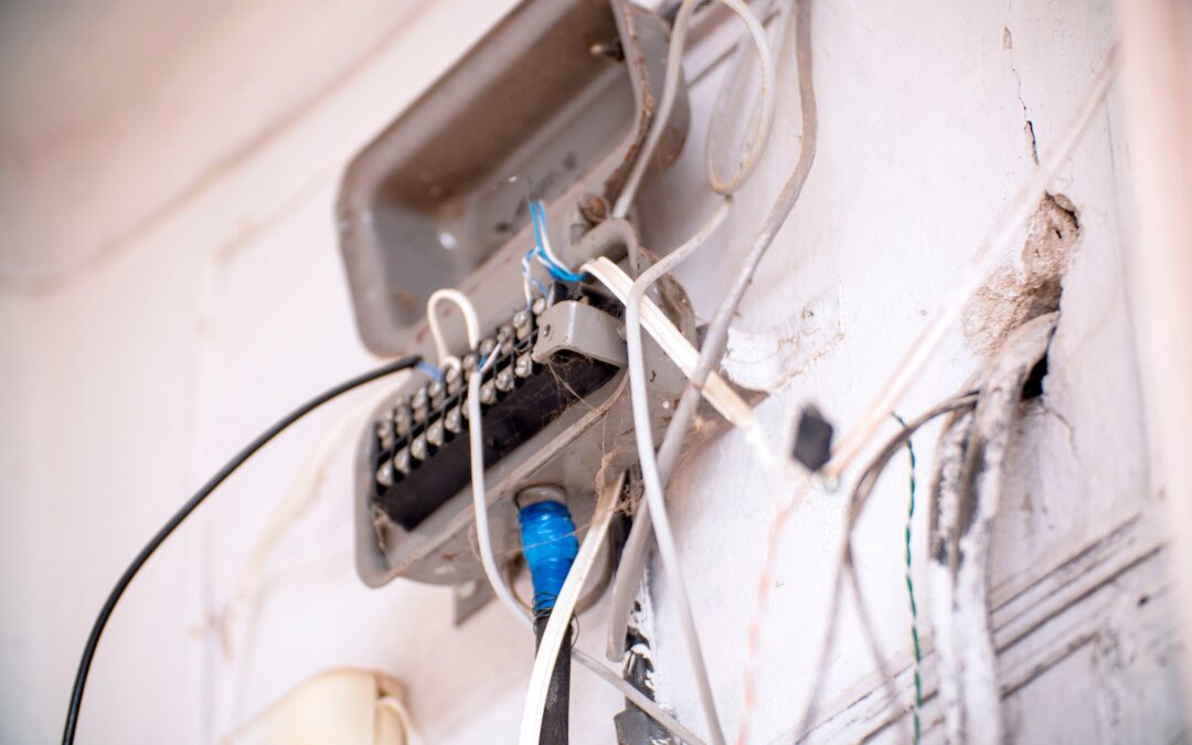 A close-up of an exposed and disorganized electrical junction box with wires protruding in various directions. The setup shows tangled and uncovered connections, highlighting an unsafe or unfinished electrical installation on a white wall.